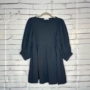 Carly Jean Los Angeles Black Blouse 1/4 Sleeve Mini Dress SZ S 100% Cotton Top
